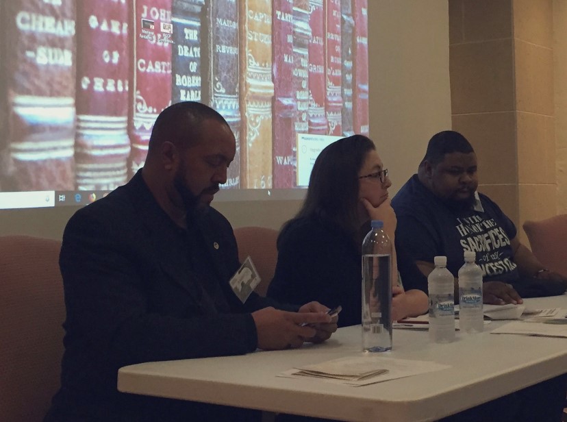[L to R] Panelists Ambrose Lane Jr., Laura MacCleery, and Michael W. Twitty answer questions during “The Hungry World” as the concluding session of the Folger Institute’s graduate student workshop, “Eating Through the Archives.”