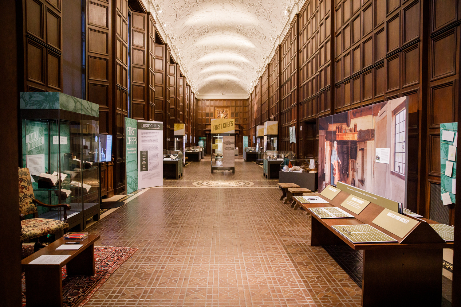 A view of the exhibition “First Chefs: Fame and Foodways from Britain to the Americas,” held in the Great Hall of the Folger Shakespeare Library.